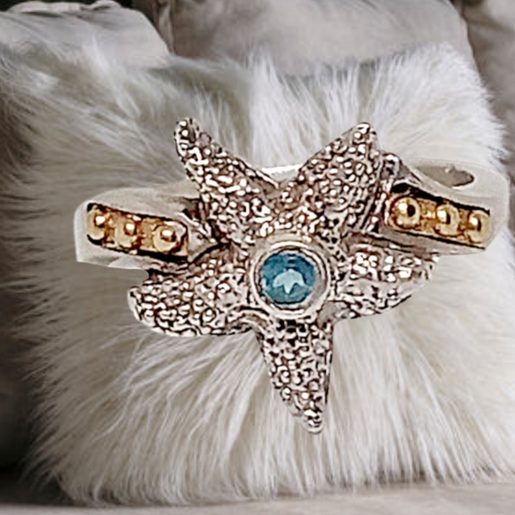 AE ~ Sterling Silver Starfish Ring with 14K Yellow Gold Accents and Blue…